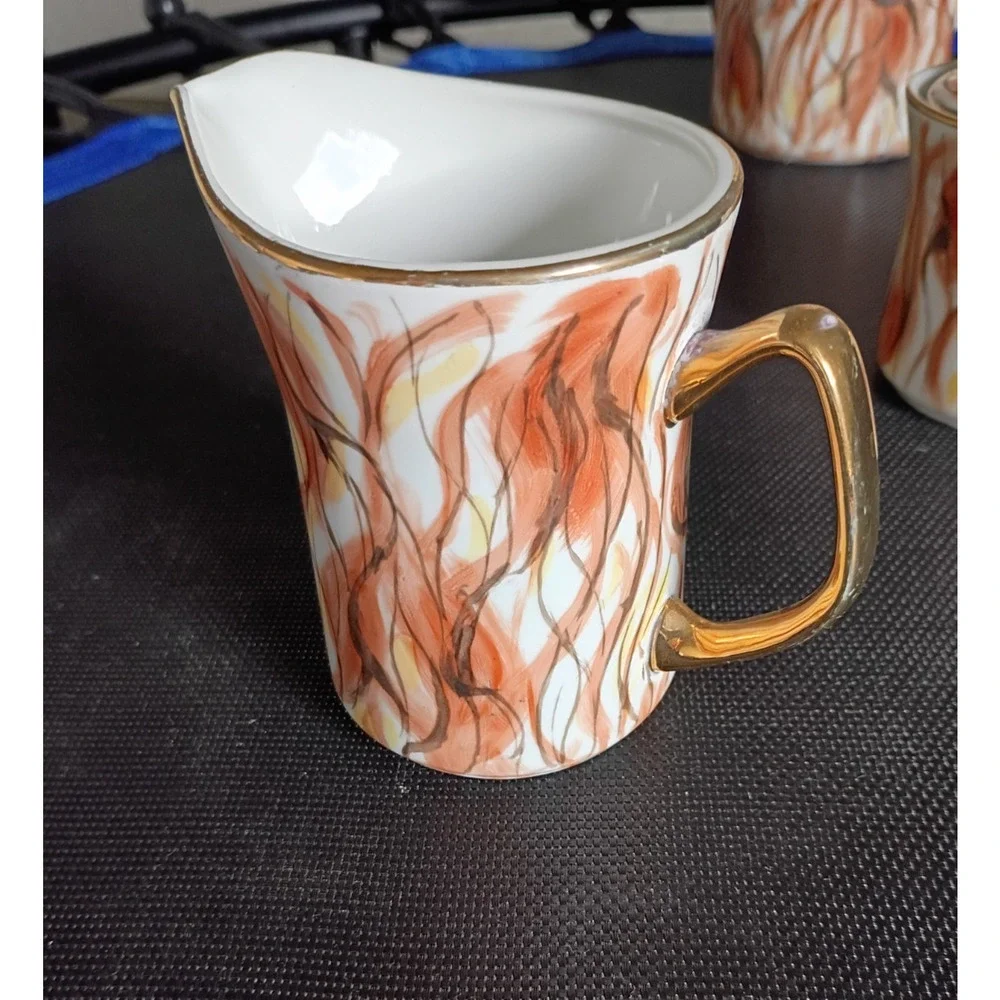 Vintage Włocławek Poland 17 Pc Porcelain Tea Coffee Set Abstract Flame Gold Trim